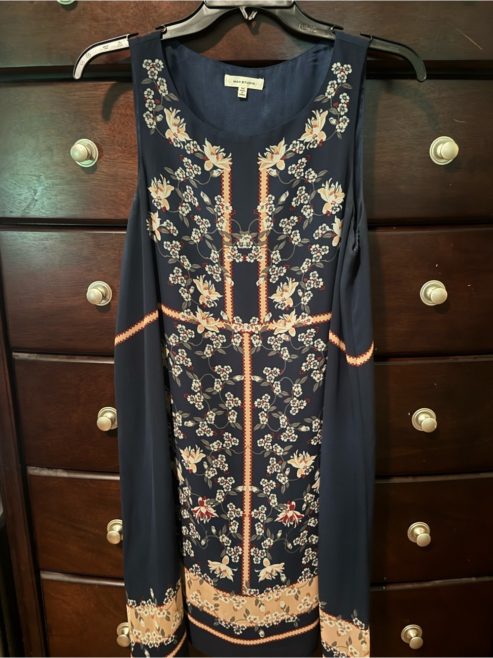Max Studio Navy Floral Midi Dress with Peach Accents